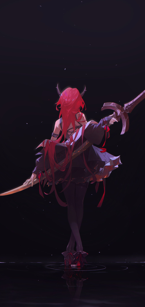 1girl arknights back bare_shoulders demon_girl demon_horns dress high_heels holding holding_weapon horns jacket long_hair redhead ribbon solo standing surtr_(arknights) sword thigh-highs weapon yo648
