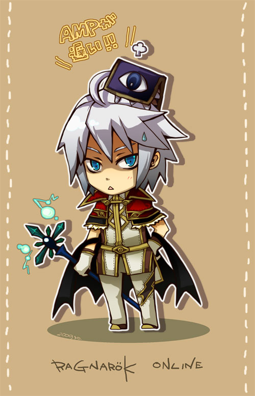1boy =3 ahoge bangs black_wings blue_eyes brown_footwear capelet chibi commentary_request copyright_name dated full_body fur-trimmed_capelet fur_trim gloves high_collar high_wizard_(ragnarok_online) holding holding_staff looking_at_viewer male_focus open_mouth pants ragnarok_online red_capelet reload9_yohji rideword_(ragnarok_online) shaded_face shirt shoes short_hair staff standing sweatdrop triangle_mouth white_gloves white_hair white_pants white_shirt wings