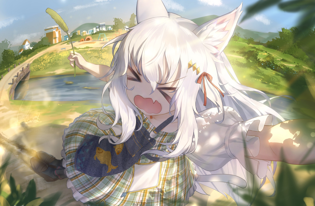 &gt;_&lt; 1girl animal_ear_fluff animal_ears bangs blurry blurry_foreground cat_ears cat_tail cat_teaser day dragging dress eyebrows_visible_through_hair fang hair_ornament hair_ribbon hairclip long_hair observerz open_mouth original outdoors ribbon skin_fang solo tail very_long_hair white_hair