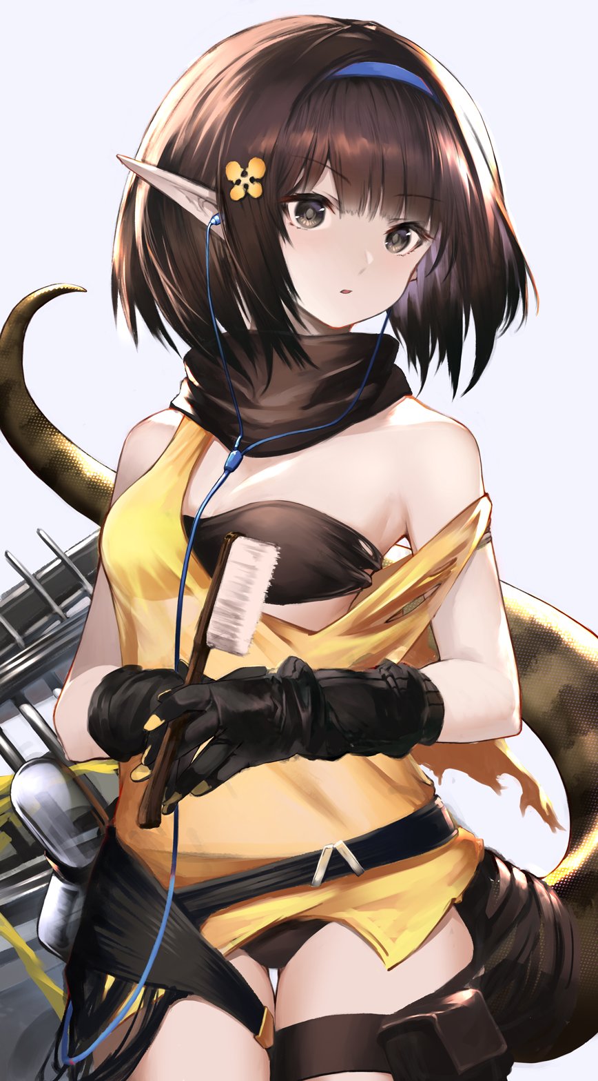 1girl aizawa_masaya arknights bandeau bangs black_gloves black_hair black_panties black_scarf blue_hairband breasts brown_eyes commentary cowboy_shot earphones earphones eunectes_(arknights) eyebrows_visible_through_hair gloves grey_background hair_brush hairband highres holding leotard looking_at_viewer panties parted_lips pointy_ears scarf short_hair simple_background small_breasts snake_tail solo standing strapless strapless_leotard tail tank_top thigh_strap tubetop underwear yellow_tank_top