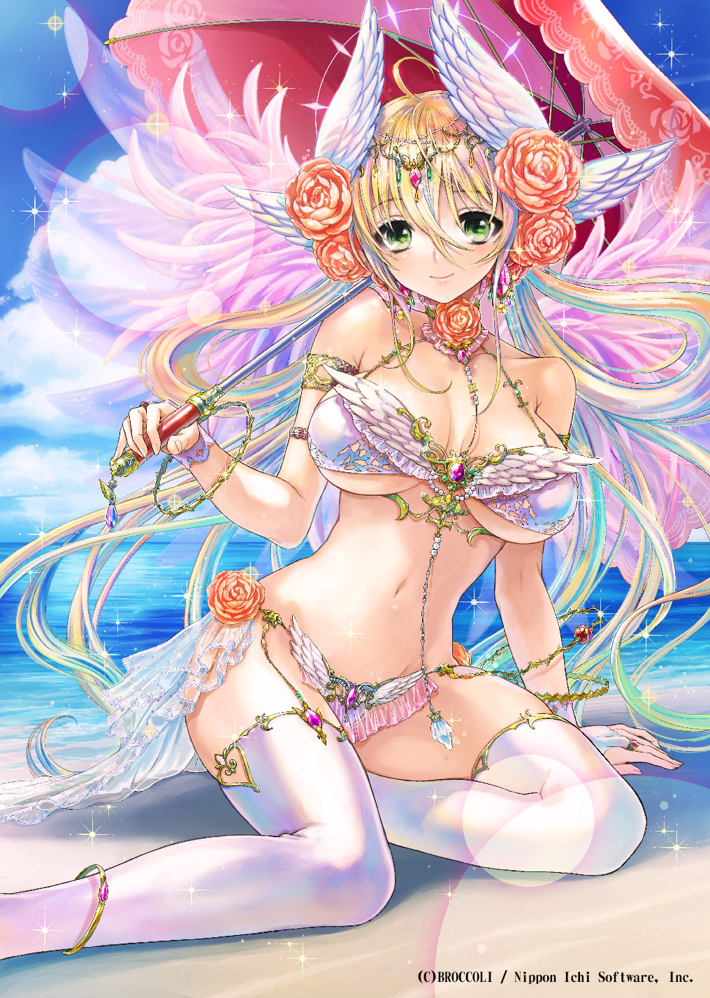 1girl beach bikini blonde_hair character_request feathered_wings feet_out_of_frame gem green_eyes hair_between_eyes head_wings highres holding holding_umbrella hori_airi horizon jewelry navel parasol pink_wings solo swimsuit thigh-highs umbrella water white_bikini white_legwear white_wings wings z/x