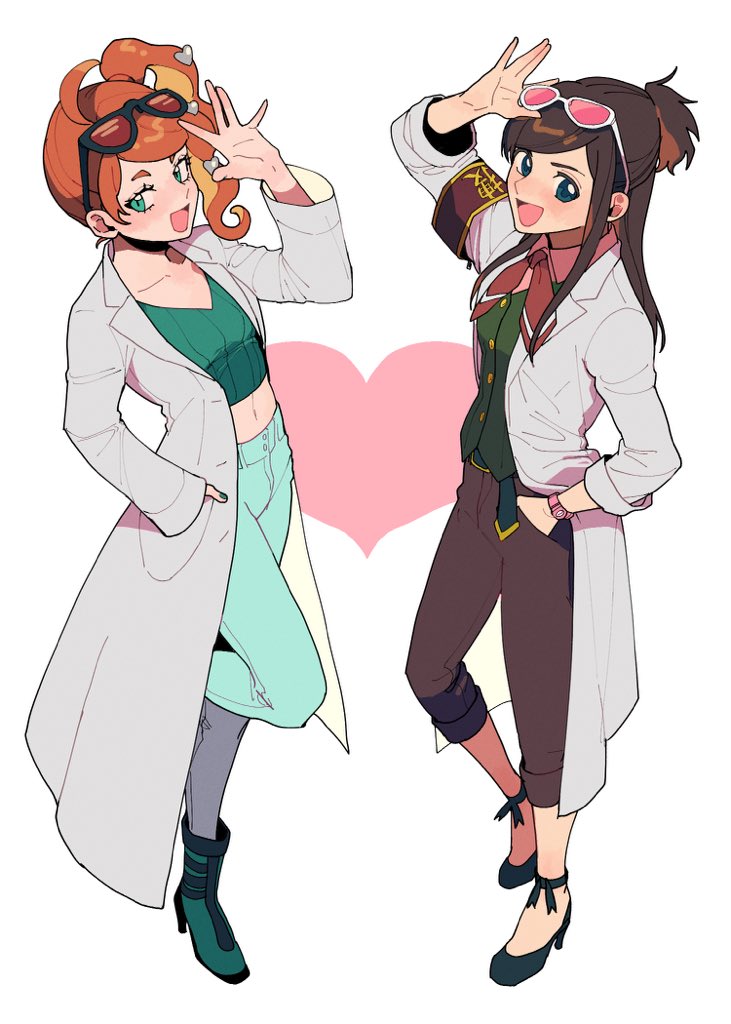 2girls :d beachricefield blush boots brown_hair buttons commentary_request eyewear_on_head green_eyes green_footwear green_nails green_pants green_shirt gyakuten_saiban hair_ornament hand_in_pocket hand_up heart heart_hair_ornament high_heel_boots high_heels houzuki_akane labcoat long_hair multiple_girls nail_polish navel open_mouth orange_hair pants pokemon pokemon_(game) pokemon_swsh ribbed_shirt shirt side_ponytail sidelocks sleeves_rolled_up smile sonia_(pokemon) standing sunglasses tongue watch watch