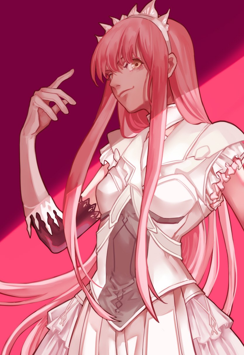 1girl bangs breasts closed_mouth dress elbow_gloves fate/grand_order fate_(series) floating_hair frilled_dress frilled_sleeves frills gloves highres kuzen layered_gloves long_hair looking_at_viewer medb_(fate) medb_(fate)_(all) medium_breasts pink_background pink_hair short_sleeves simple_background smile solo tiara white_dress white_gloves yellow_eyes