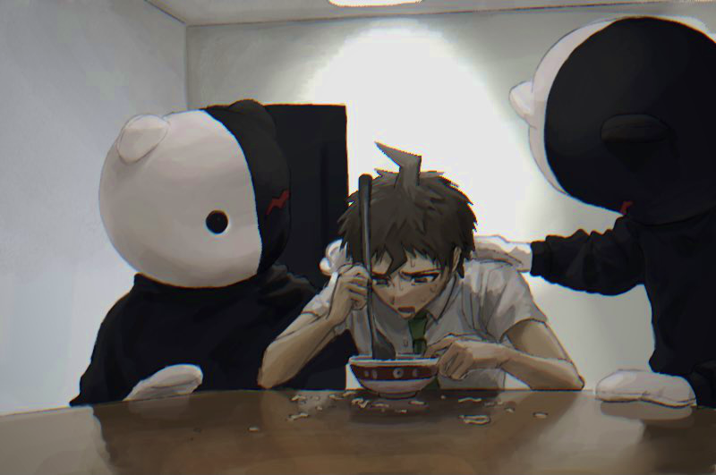 1boy 2others ahoge aji_kosugi bear_head black_sweater bowl brown_hair collared_shirt commentary_request cosplay dangan_ronpa_(series) dangan_ronpa_2:_goodbye_despair food glasses gloves hand_on_another's_shoulder hinata_hajime holding indoors looking_at_another male_focus monokuma monokuma_(cosplay) multiple_others noodles oversized_object parody ramen shirt short_hair short_sleeves sweat sweater table white_gloves white_shirt