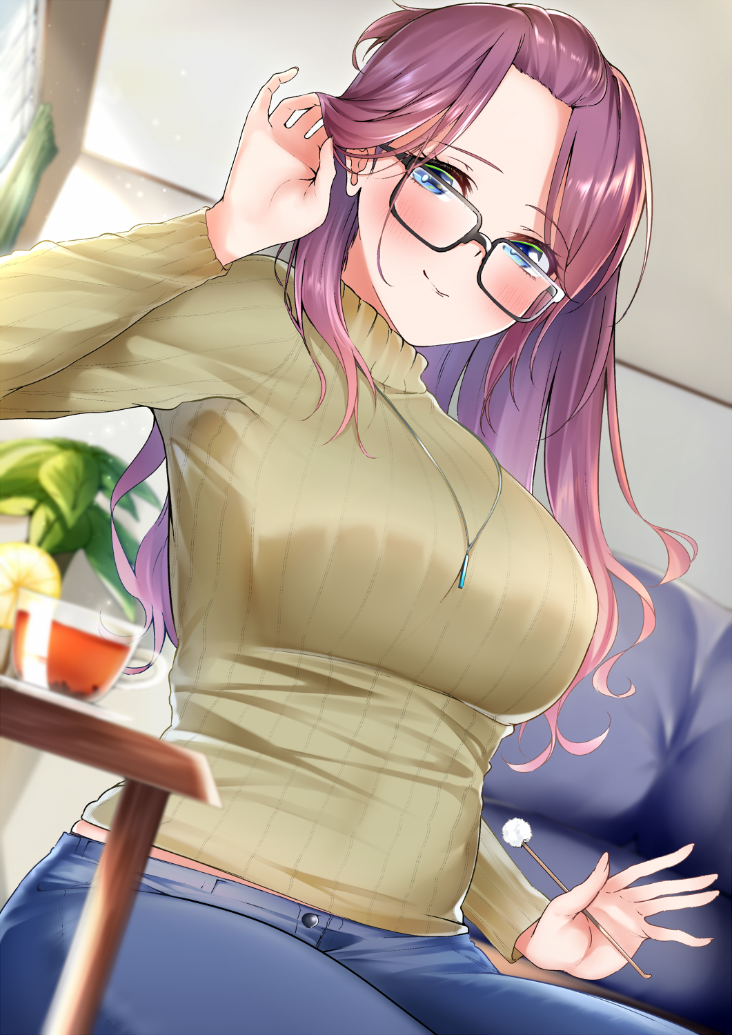 1girl bangs_pinned_back black-framed_eyewear blue_eyes blue_pants blush breasts brown_sweater come_hither cotton_swab cup curtains glasses hair_tucking highres indoors jewelry kagamihara_sakura lap_pillow_invitation large_breasts long_hair long_sleeves looking_at_viewer necklace pants purple_hair ribbed_sweater sitting smile solo sweater taut_sweater tea window yurucamp yuu-kun_(linke_hand)