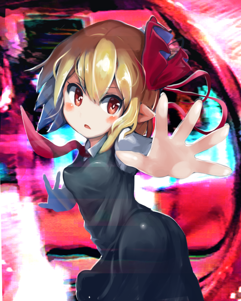 1860_(ichi) 1girl abstract_background ass bangs black_dress blonde_hair blush breasts bright_pupils commentary_request cowboy_shot diamond-shaped_pupils diamond_(shape) dress eyebrows_visible_through_hair foreshortening hair_between_eyes hair_ribbon looking_at_viewer necktie outstretched_arms parted_lips pointy_ears red_eyes red_neckwear red_ribbon ribbon rumia shirt short_hair small_breasts solo standing symbol-shaped_pupils touhou twisted_torso v-shaped_eyebrows white_pupils white_shirt