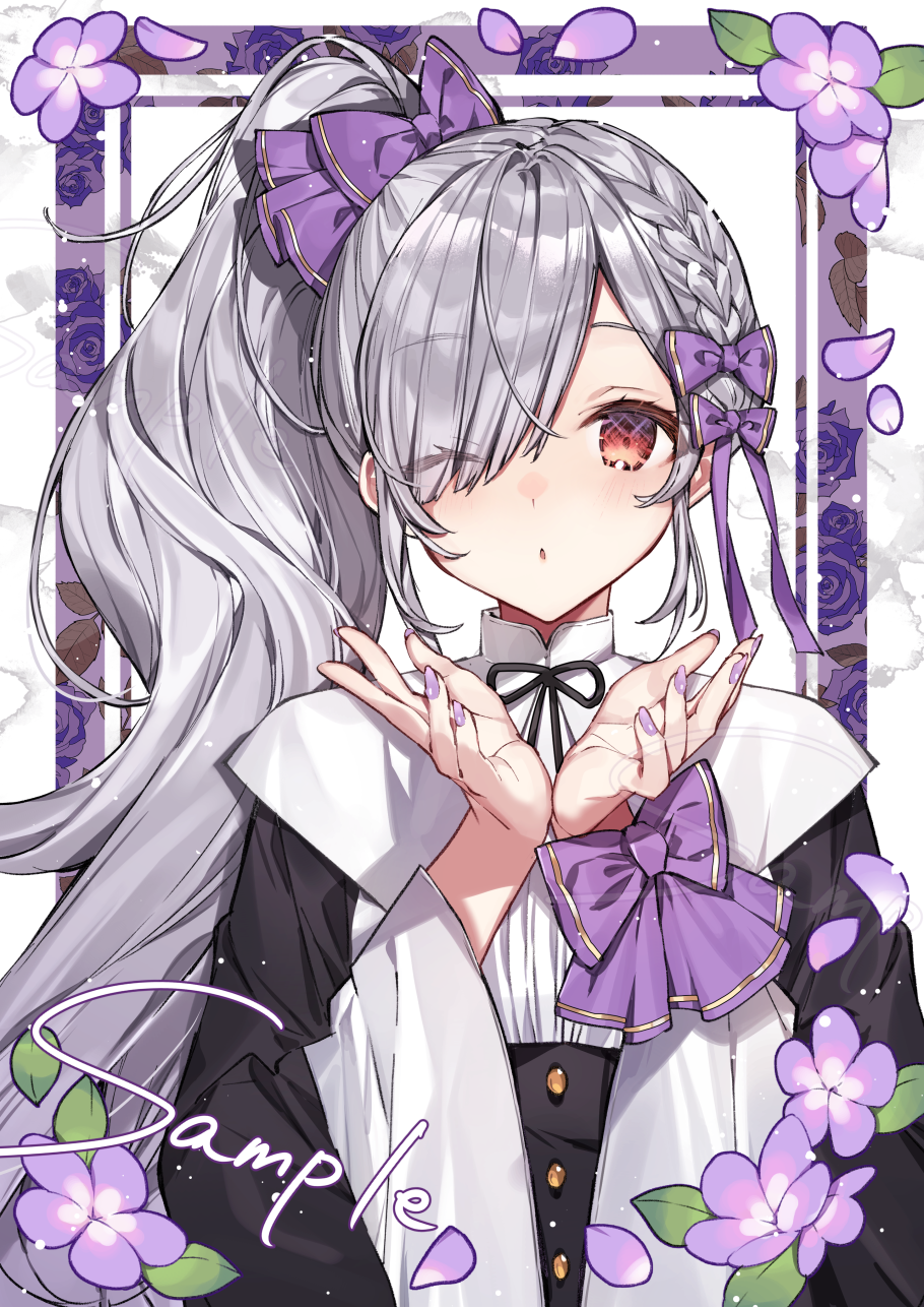 1girl bangs black_jacket bow braid character_request commentary_request eyebrows_visible_through_hair eyes_visible_through_hair flower grey_hair hair_bow hair_over_one_eye hanagata hands_up highres jacket long_hair long_sleeves looking_at_viewer nail_polish one_eye_closed parted_lips petals purple_bow purple_flower purple_nails red_eyes sample shirt side_ponytail solo upper_body very_long_hair watashi_no_oshi_wa_akuyaku_reijou white_shirt wide_sleeves