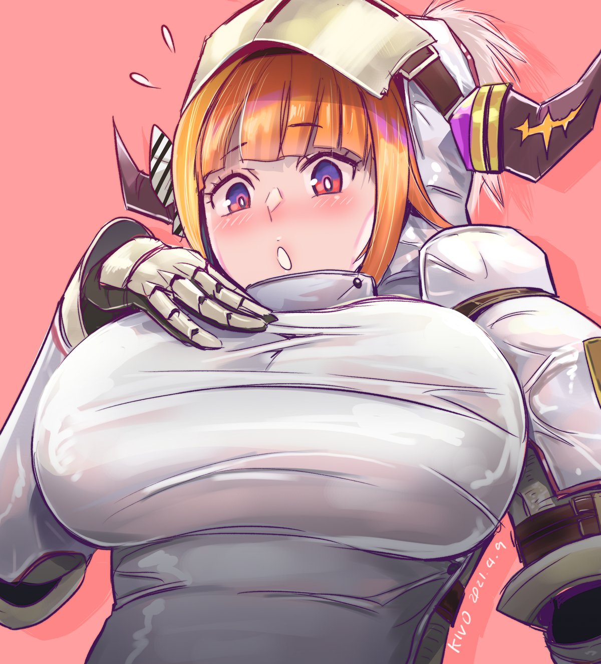 :o armor artist_name blush breasts commentary dated eyebrows_visible_through_hair hand_on_own_chest helmet highres hololive horns khezu_(armor) kiryu_coco kivo large_breasts monster_hunter_(series) monster_hunter_rise multicolored multicolored_eyes orange_hair pink_background red_eyes simple_background upper_body violet_eyes virtual_youtuber