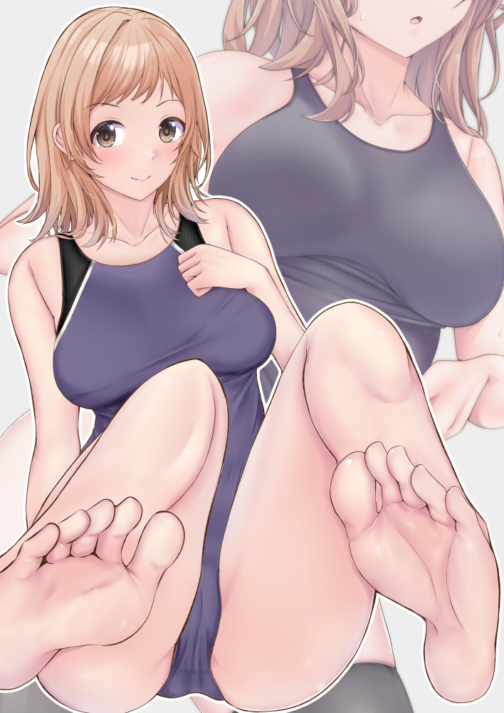 1girl barefoot breasts brown_eyes collarbone commentary_request competition_swimsuit grey_swimsuit idolmaster idolmaster_shiny_colors light_brown_hair looking_at_viewer medium_breasts medium_hair one-piece_swimsuit sakuragi_mano shohei_(piranha5hk) sitting soles solo swimsuit zoom_layer