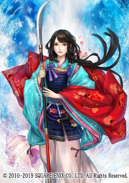 armor black_hair blue_background company_name dated holding holding_weapon japanese_clothes kageco kimono lipstick long_hair looking_at_viewer makeup naginata official_art polearm sengoku_ixa standing tsuruhime_(sengoku_ixa) weapon wide_sleeves