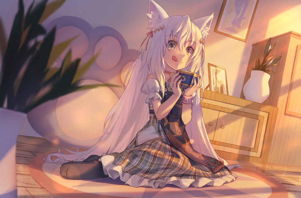 1girl animal_ear_fluff animal_ears apron bangs bell can canned_tuna cat_ears dress eyebrows_visible_through_hair hair_ornament hair_ribbon holding holding_can indoors long_hair neck_bell observerz original ribbon sitting smile solo tongue tongue_out very_long_hair white_hair wristband