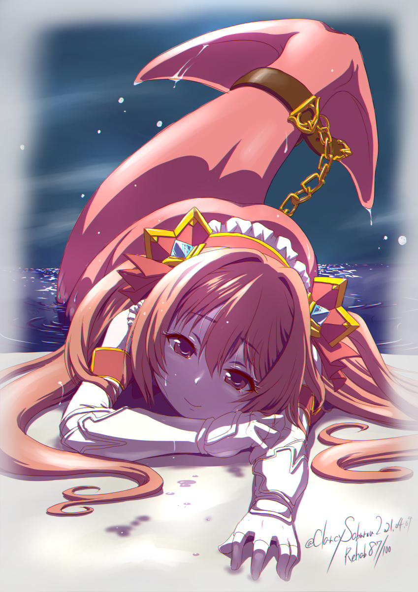 1girl bangs bare_shoulders beach belt brown_belt brown_eyes brown_hair chain check_commentary closed_mouth commentary_request dated eyebrows_visible_through_hair fingerless_gloves full_body gauntlets gloves hair_between_eyes hair_ornament head_tilt highres long_hair looking_at_viewer lying mermaid monster_girl monsterification mukunoki_saburou night nozomi_(princess_connect!) ocean on_stomach princess_connect! princess_connect!_re:dive sidelocks smile solo twitter_username two_side_up water_drop wet white_gloves