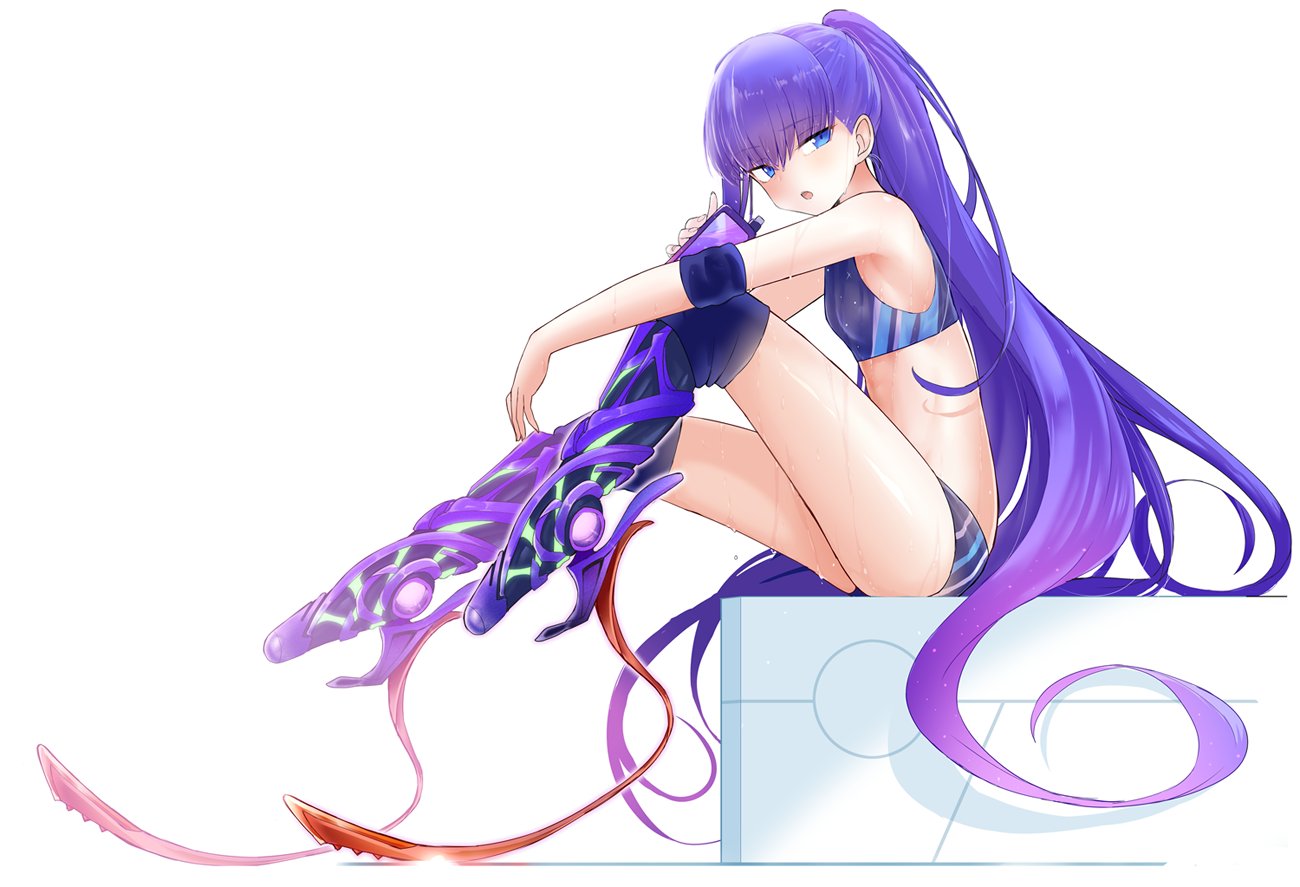 1girl bangs bare_shoulders blue_buruma blue_eyes blue_ribbon blue_sports_bra blush breasts buruma fate/extra fate/extra_ccc fate_(series) hair_ribbon hasai_(mekkan) legs long_hair looking_at_viewer meltryllis_(fate) open_mouth ponytail prosthesis prosthetic_leg purple_hair ribbon sitting small_breasts sports_bra very_long_hair