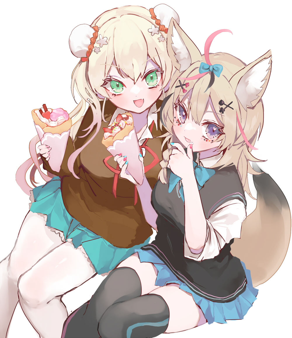 2girls animal_ear_fluff animal_ears black_hair black_vest blonde_hair blue_skirt bow bowtie brown_cardigan bun_cover cardigan crepe double_bun facial_mark food fox_ears fox_girl fox_tail frilled_skirt frills green_eyes green_nails green_neckwear green_skirt hair_bow hinamori_(18ar0) holding holding_food hololive licking_lips long_hair looking_at_viewer momosuzu_nene multicolored_hair multiple_girls nail_polish neck_ribbon omaru_polka open_mouth pantyhose pink_hair pink_nails playing_card_theme red_neckwear ribbon school_uniform simple_background sitting skirt tail thigh-highs tongue tongue_out vest violet_eyes virtual_youtuber white_background white_legwear zettai_ryouiki