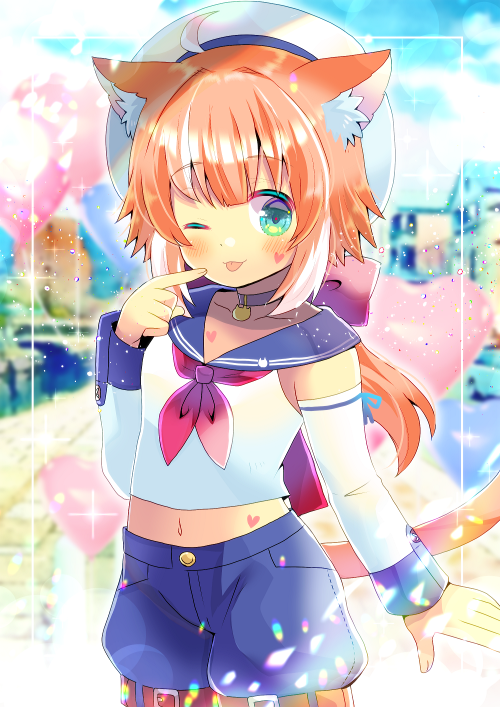 1girl ;p ahoge animal_ear_fluff animal_ears bangs beret blue_shorts blurry blurry_background blush bow cat_ears cat_girl cat_tail closed_mouth collarbone crop_top depth_of_field detached_sleeves eyebrows_visible_through_hair facial_mark green_eyes hair_bow hand_up hat heart kouu_hiyoyo long_hair long_sleeves looking_at_viewer low_ponytail midriff navel neckerchief one_eye_closed orange_hair original ponytail puffy_shorts red_bow red_neckwear shirt short_shorts shorts sleeveless sleeveless_shirt smile solo tail tongue tongue_out very_long_hair white_headwear white_shirt white_sleeves