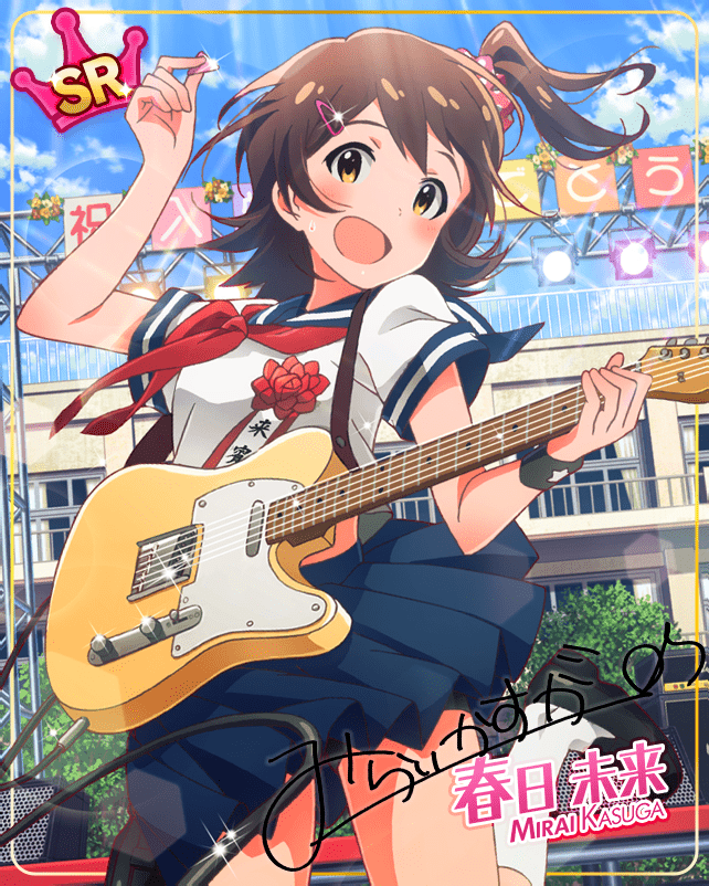 and blush brown_eyes brown_hair character_name idolmaster_million_live!_theater_days kasuga_mirai short_hair smile