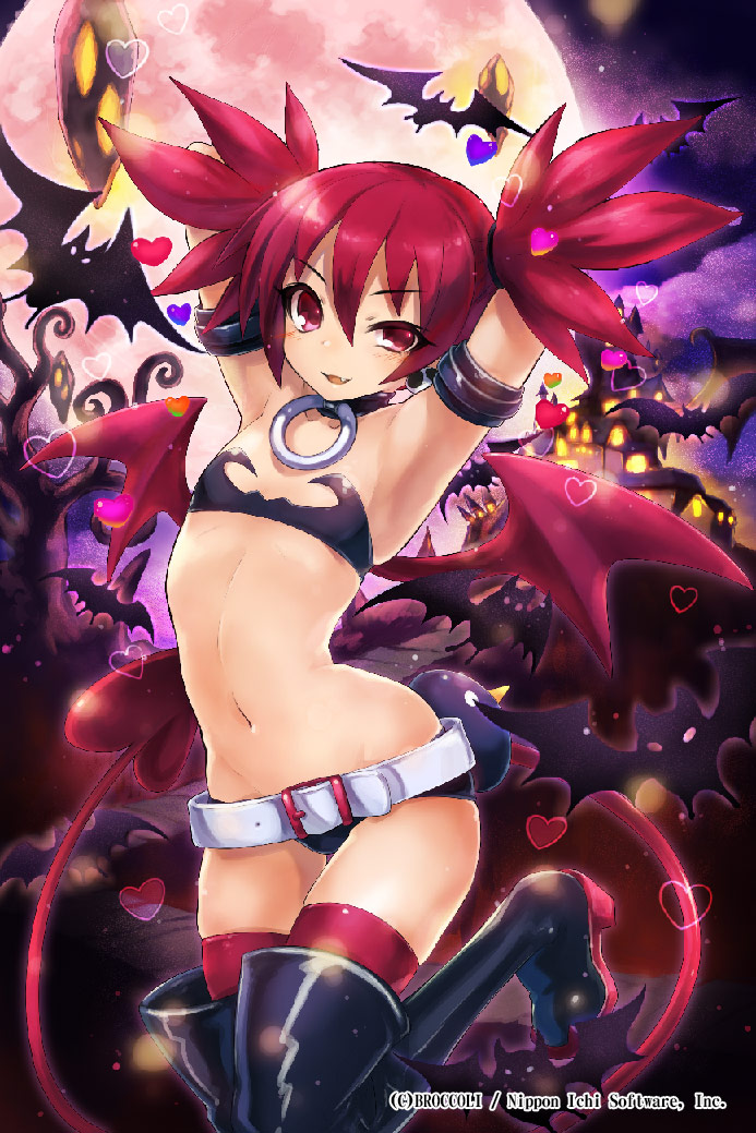 1girl armpits arms_up bat belt black_footwear boots castle choker demon_girl demon_tail demon_wings disgaea earrings etna hair_between_eyes hori_airi jewelry micro_shorts navel red_eyes red_legwear redhead shorts skull_earrings solo tail thigh-highs thigh_boots white_belt wings