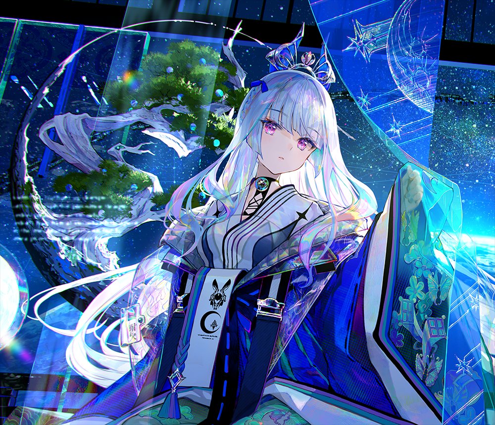 1girl blue_kimono blue_theme braid breasts choker crown expressionless fantasy fuzichoco japanese_clothes kimono long_hair long_sleeves looking_at_viewer off_shoulder original parted_lips solo tree upper_body very_long_hair violet_eyes white_hair wide_sleeves yukata