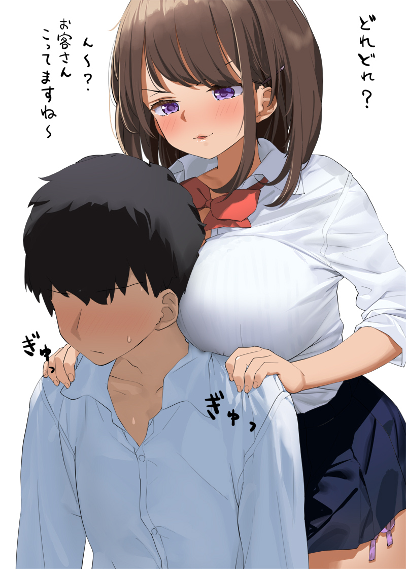 1boy 1girl black_skirt blush bow bowtie breasts brown_hair commentary_request eyebrows_visible_through_hair kaisen_chuui large_breasts miniskirt original panties school_uniform shirt shirt_tucked_in short_hair side-tie_panties side-tie_peek simple_background skirt smile translation_request underwear violet_eyes white_background white_shirt