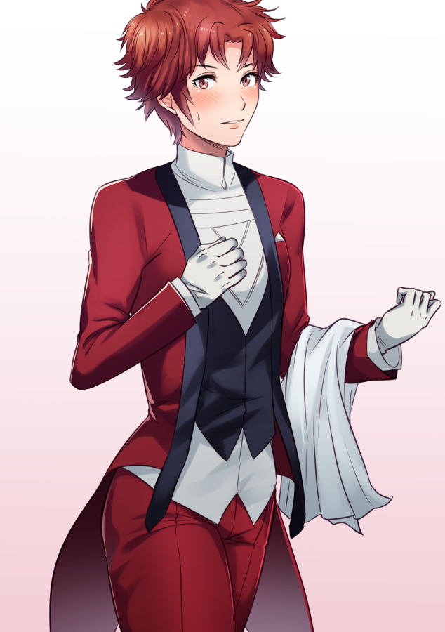 1girl alternate_costume ameno_(a_meno0) blush butler fire_emblem fire_emblem_awakening formal gloves long_sleeves looking_at_viewer nervous red_eyes redhead short_hair simple_background solo suit sully_(fire_emblem) sweat sweatdrop