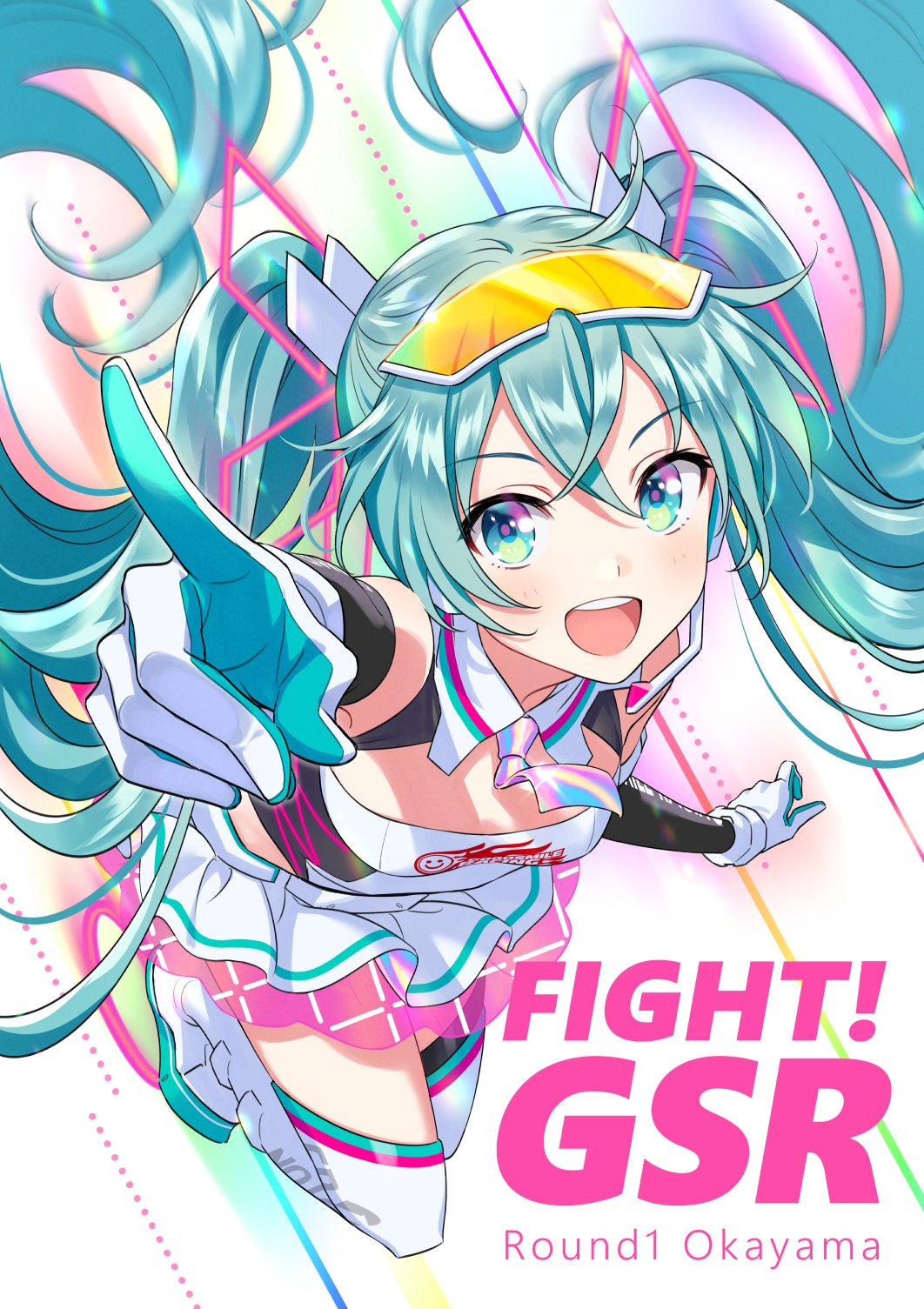 1girl alternate_costume aqua_eyes aqua_hair bangs bare_shoulders blush boots breasts commentary_request elbow_gloves eyebrows_visible_through_hair eyewear_on_head glasses gloves goodsmile_racing hatsune_miku headset highres logo long_hair looking_at_viewer medium_breasts morikura_en necktie open_mouth racing_miku racing_miku_(2021) shiny shiny_hair simple_background skirt sleeveless smile solo thigh-highs thigh_boots tied_hair twintails vocaloid