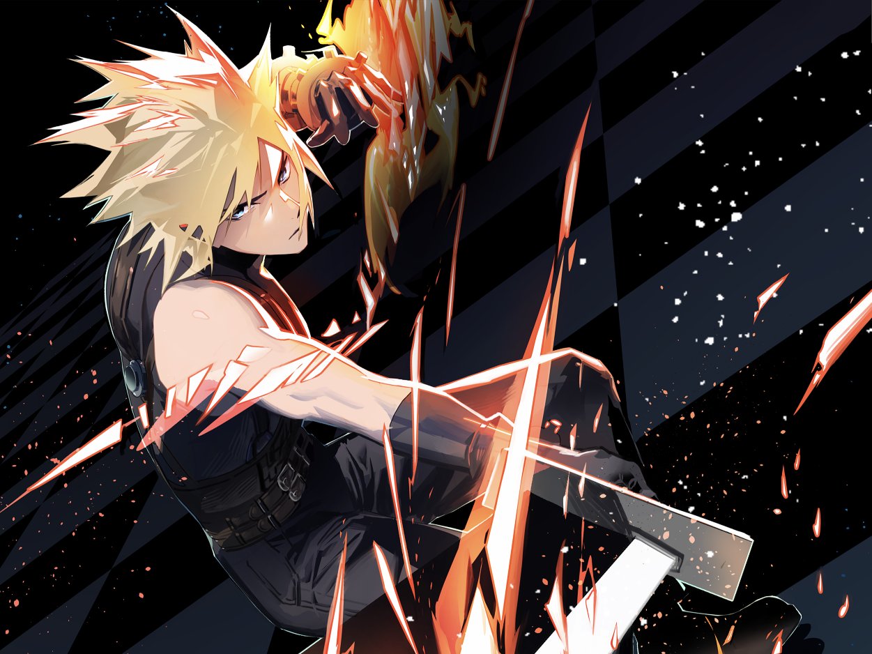 1boy bangs belt black_gloves black_pants black_shirt blonde_hair blue_eyes buster_sword closed_mouth cloud_strife ffffcoffee final_fantasy final_fantasy_vii gauntlets gloves holding holding_sword holding_weapon looking_at_viewer pants shirt single_gauntlet sleeveless sleeveless_shirt solo sparks spiky_hair sword turtleneck weapon