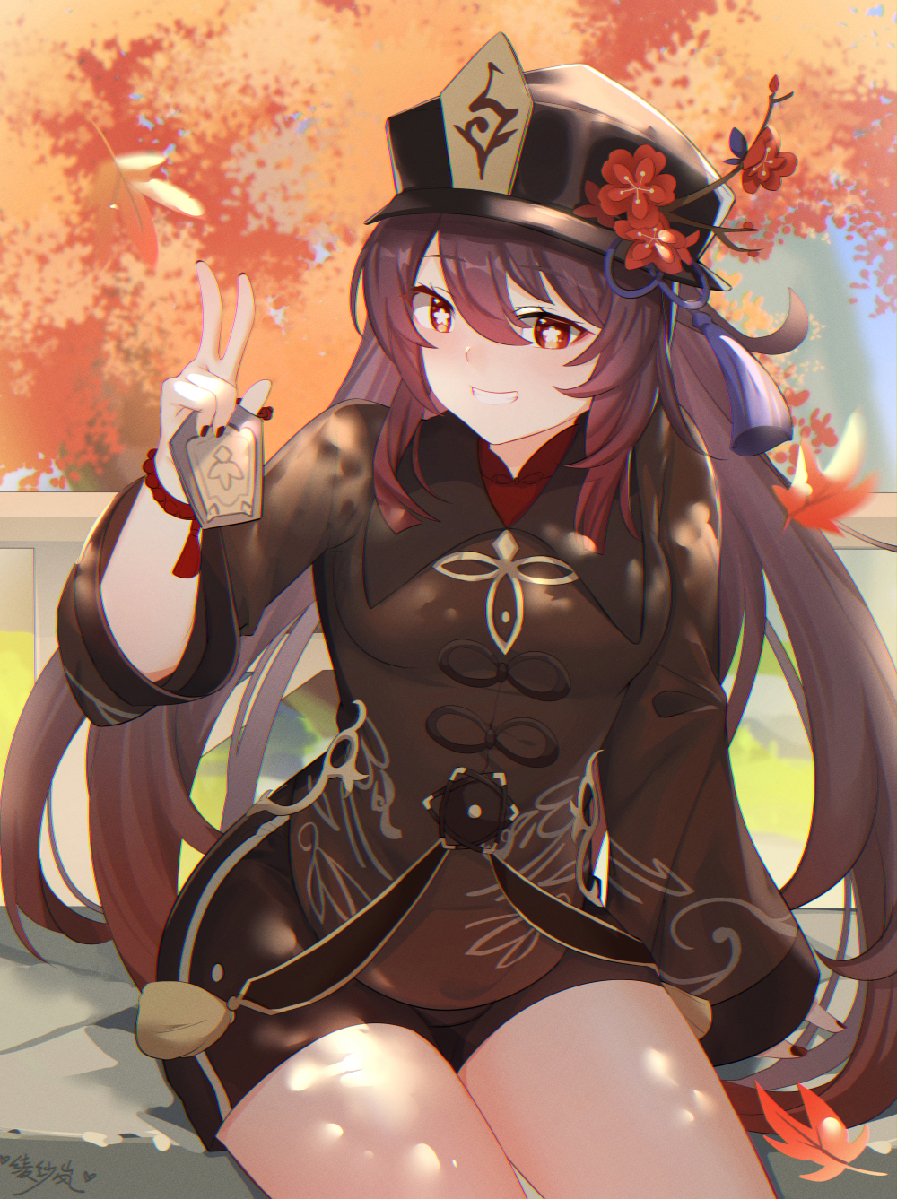 1girl bead_bracelet beads bracelet brown_hair charm_(object) chinese_clothes day flower genshin_impact half-closed_eyes hat highres hu_tao jewelry lingshalan long_hair long_sleeves nail_polish outdoors red_eyes short_shorts shorts sitting smile solo symbol-shaped_pupils thighs tree twintails