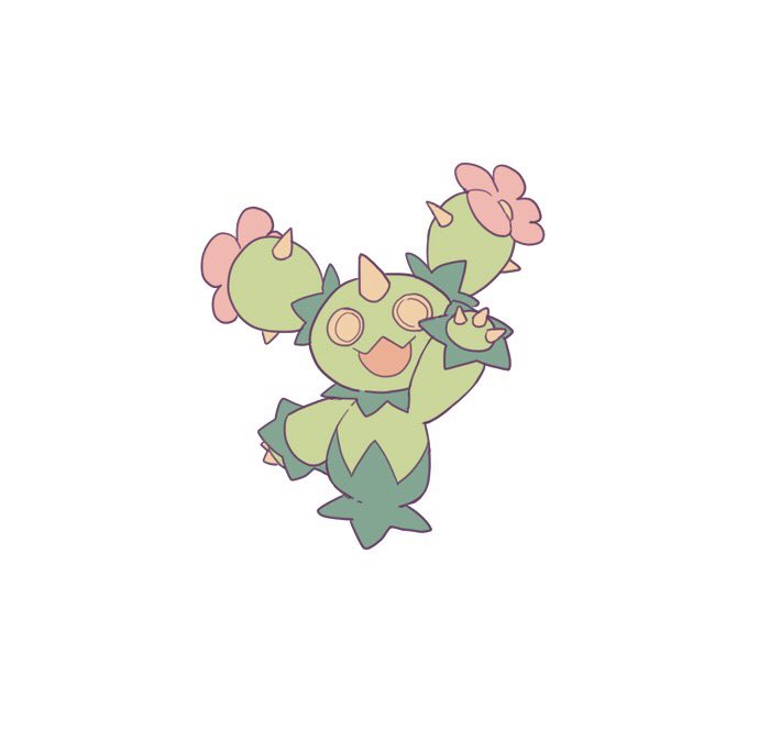 arm_up claws commentary_request flower full_body gen_5_pokemon looking_at_viewer maractus open_mouth pink_flower pokemon pokemon_(creature) shiroimoufu simple_background smile solo spikes standing white_background yellow_eyes