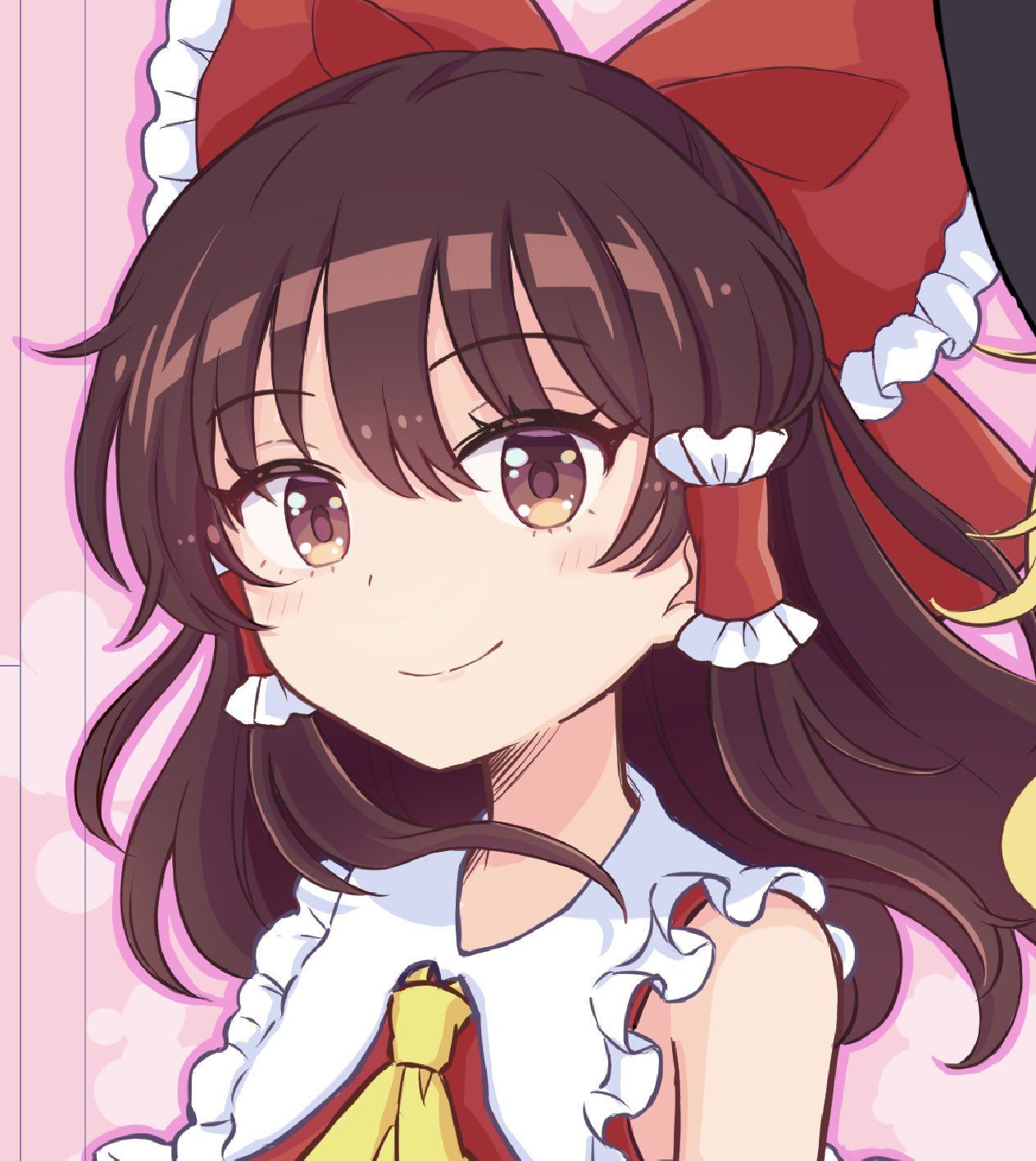 1girl ascot bangs bare_shoulders bow breasts brown_eyes brown_hair closed_mouth commentary_request eyebrows_visible_through_hair face frilled_bow frilled_hair_tubes frilled_shirt_collar frills hair_between_eyes hair_bow hair_tubes hakurei_reimu haruki_reimari highres long_hair outline pink_background red_bow red_vest sidelocks small_breasts smile solo touhou vest yellow_neckwear