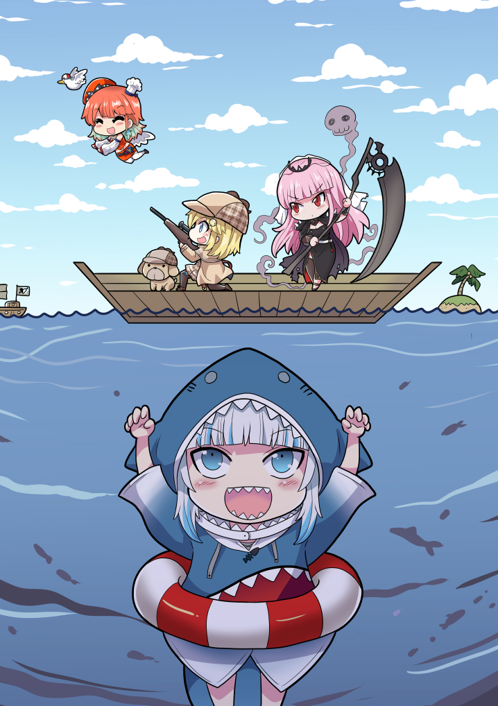 4girls animal_hood backwards_hat baseball_cap bird black_dress blonde_hair blue_eyes blue_hair boat brown_headwear bubba_(watson_amelia) chef_hat chibi clouds cloudy_sky colonel_aki dress duck earrings feather_earrings feathers fish flying gawr_gura giant giantess gradient_hair gun hair_ornament hat hololive hololive_english hood island jewelry lifebuoy long_hair monocle monocle_hair_ornament mori_calliope multicolored_hair multiple_girls orange_hair orange_headwear outstretched_arms pink_eyes pink_hair pirate_ship scythe shark_girl shark_hood sharp_teeth silver_hair skull sky spikes subaru_duck takanashi_kiara tattered_cape teeth tiara two-tone_hair underwater veil virtual_youtuber watercraft watson_amelia weapon wings