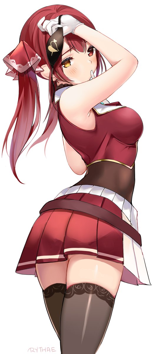 1girl blush breasts commentary_request eyepatch eyepatch_removed hair_ribbon highres holding holding_eyepatch hololive houshou_marine long_hair medium_breasts red_eyes red_ribbon redhead ribbon ry_thae short_hair simple_background solo twintails white_background yellow_eyes