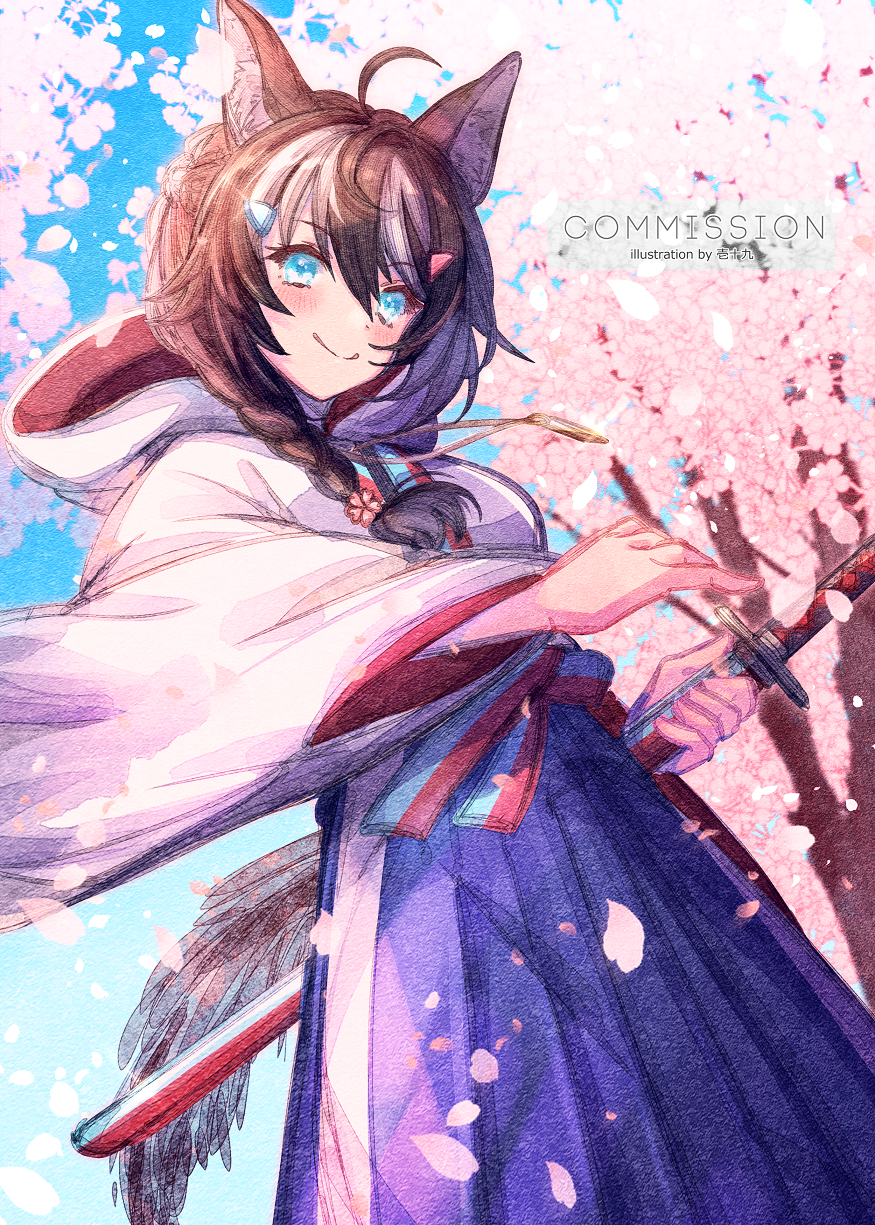 1girl :q ahoge animal_ear_fluff animal_ears blue_hakama blush braid brown_hair cherry_blossoms closed_mouth commentary_request commission copyright_request day flower hair_ornament hair_over_shoulder hairclip hakama highres holding holding_sheath hood hood_down hooded_kimono ittokyu japanese_clothes katana kimono long_hair long_sleeves looking_at_viewer multicolored_hair outdoors pink_flower sheath sheathed smile solo streaked_hair sword tail tongue tongue_out tree virtual_youtuber weapon white_hair white_kimono wide_sleeves
