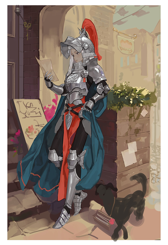 1girl armor armored_boots blue_cape boots breastplate building cape dog helmet holding holding_paper leaning_back looking_at_object original paper pauldrons plume red_tabard shoulder_armor sidelocks silver_hair sssttt stairs standing vambraces