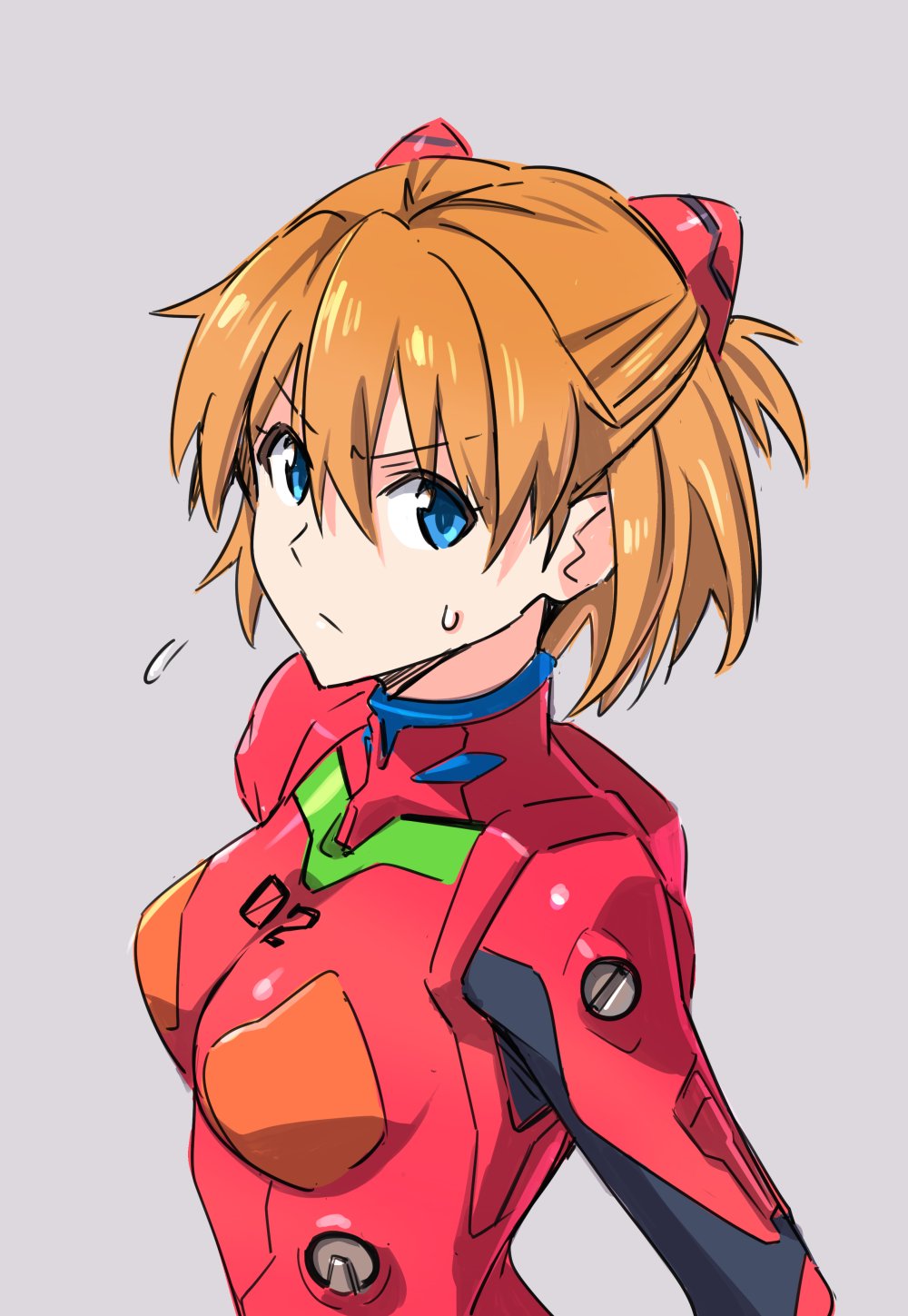 1girl blue_eyes blush bodysuit grey_background highres looking_at_viewer multicolored multicolored_clothes neon_genesis_evangelion orange_bodysuit orange_hair pilot_suit plugsuit red_bodysuit shikinami_asuka_langley simple_background solo souryuu_asuka_langley suzutsuki_kurara sweat