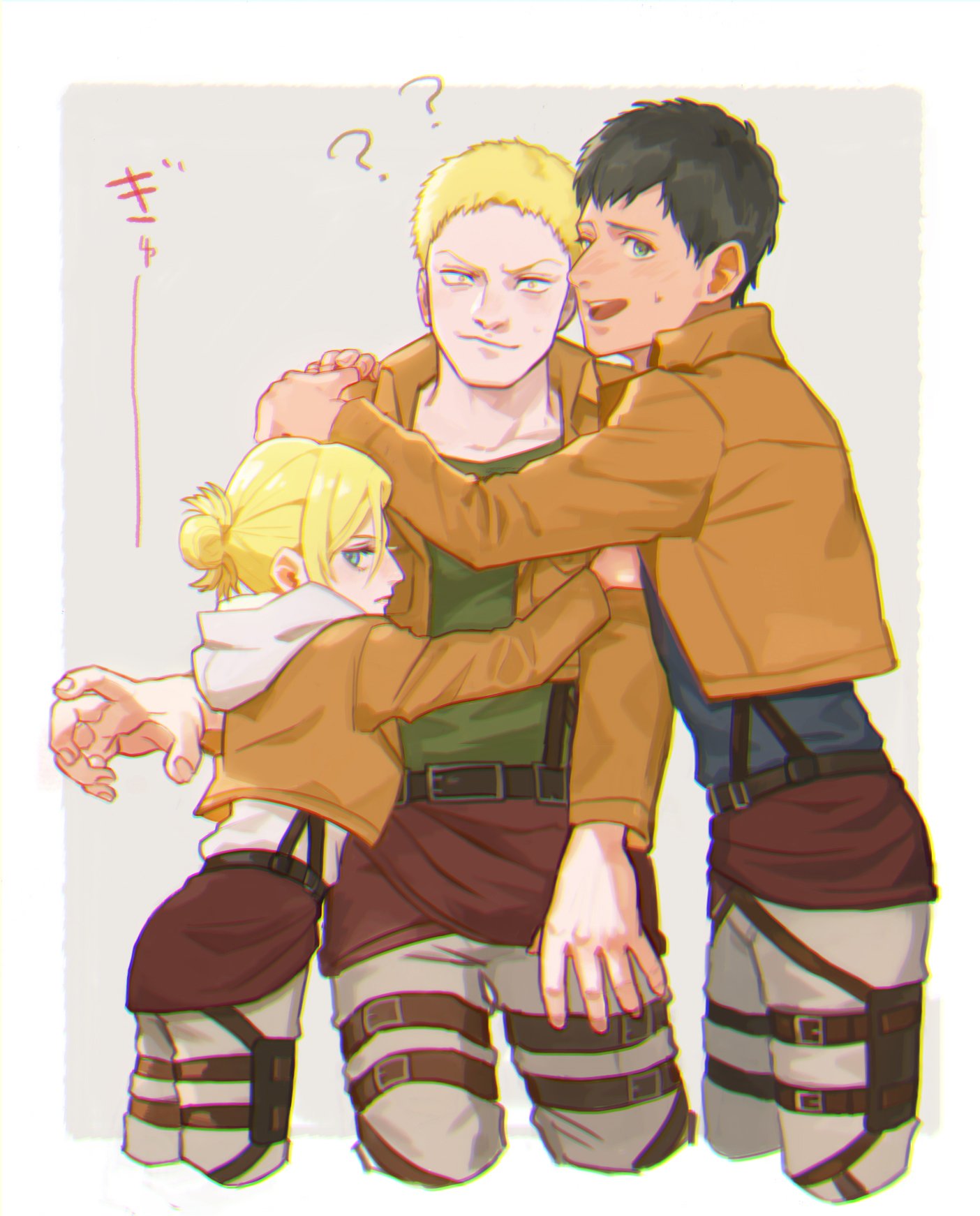 1girl 2boys ? annie_leonhardt belt bertolt_hoover black_hair blonde_hair blue_eyes blue_shirt blush cropped_legs green_shirt highres hood hug looking_at_viewer meipu_hm military military_uniform multiple_boys pants reiner_braun serious shingeki_no_kyojin shirt short_hair simple_background survey_corps survey_corps_(emblem) suspenders thigh_strap uniform yellow_eyes