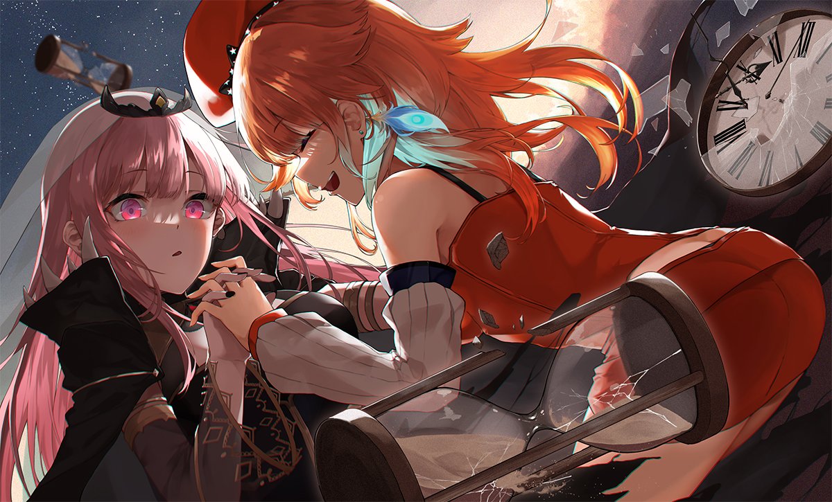 2girls black_nails blush bow_choker clock closed_eyes couple earrings eyebrows_visible_through_hair feather_earrings feathers gradient_hair hands_together holding_hands holding_hands_is_lewd hololive hololive_english interlocked_fingers jewelry long_hair mori_calliope multicolored_hair multiple_girls open_mouth orange_hair orange_headwear shoulder_spikes smile spikes takanashi_kiara tiara toto_(kuro_toto) veil virtual_youtuber yuri