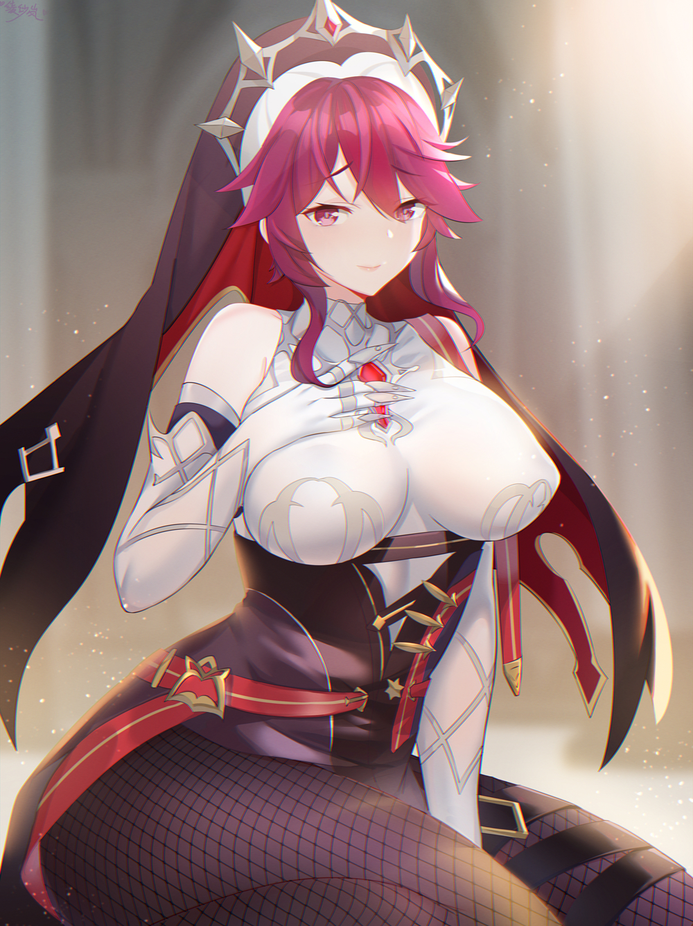 1girl bare_shoulders breasts fishnet_legwear fishnets genshin_impact gloves hand_on_own_chest highres large_breasts light_rays lingshalan looking_at_viewer nun purple_hair rosaria_(genshin_impact) smile solo veil violet_eyes white_gloves