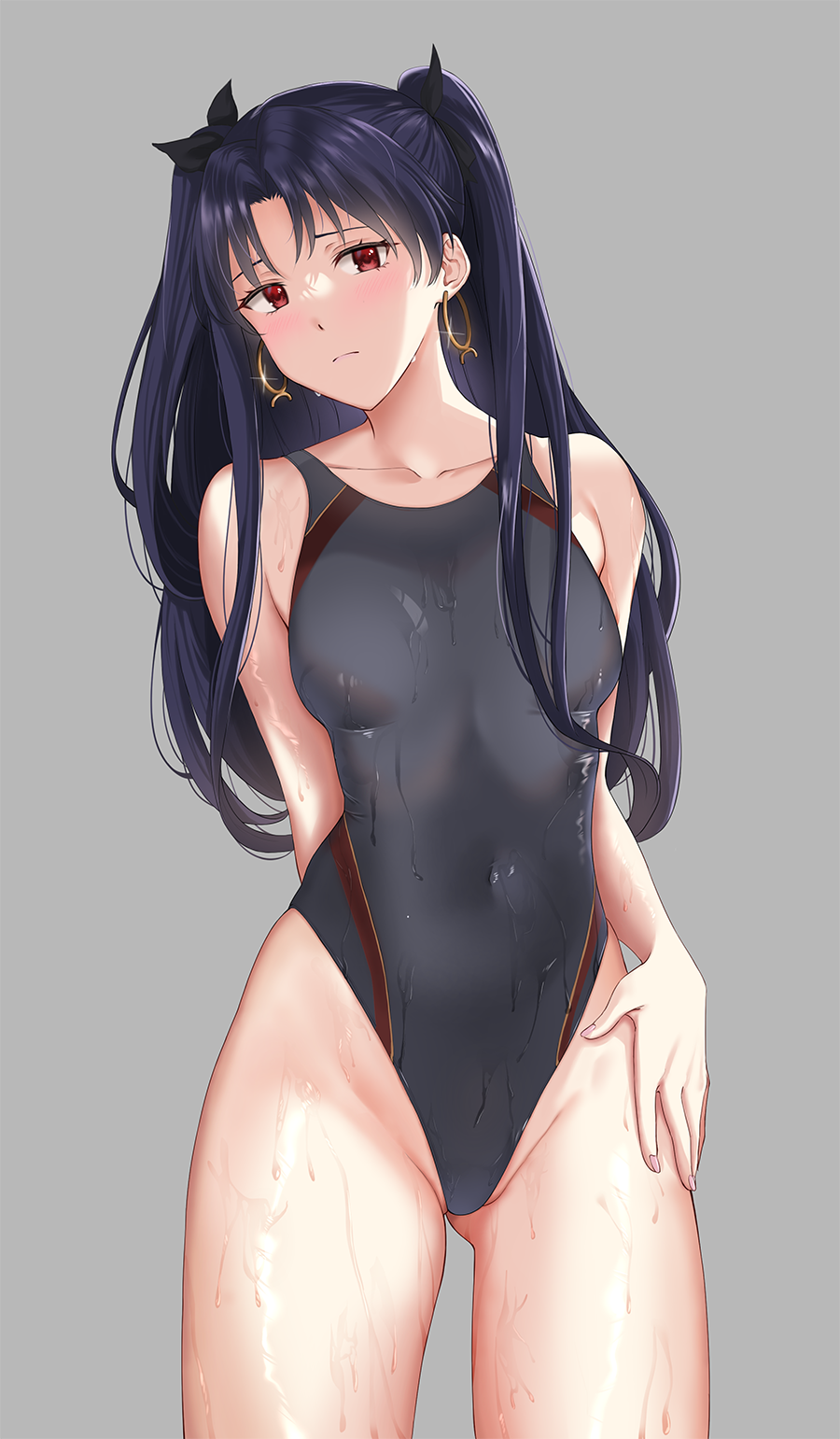 1girl arm_behind_back black_hair black_swimsuit breasts collarbone competition_swimsuit covered_navel cowboy_shot earrings fate/grand_order fate_(series) grey_background highleg highleg_swimsuit highres hoop_earrings ishtar_(fate) ishtar_(fate)_(all) jewelry looking_at_viewer one-piece_swimsuit red_eyes ryudraw simple_background small_breasts solo standing swimsuit two_side_up