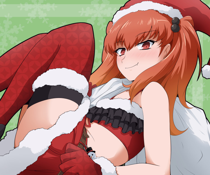 1girl bertha_bernstein bioroid_hei blush curled_up fang fang_out flat_chest from_side fur_trim gloves hat looking_at_viewer orange_hair red_eyes red_gloves red_headwear red_skirt santa_costume santa_hat skin_fang skirt smile solo super_robot_wars super_robot_wars_x-omega thigh-highs twintails