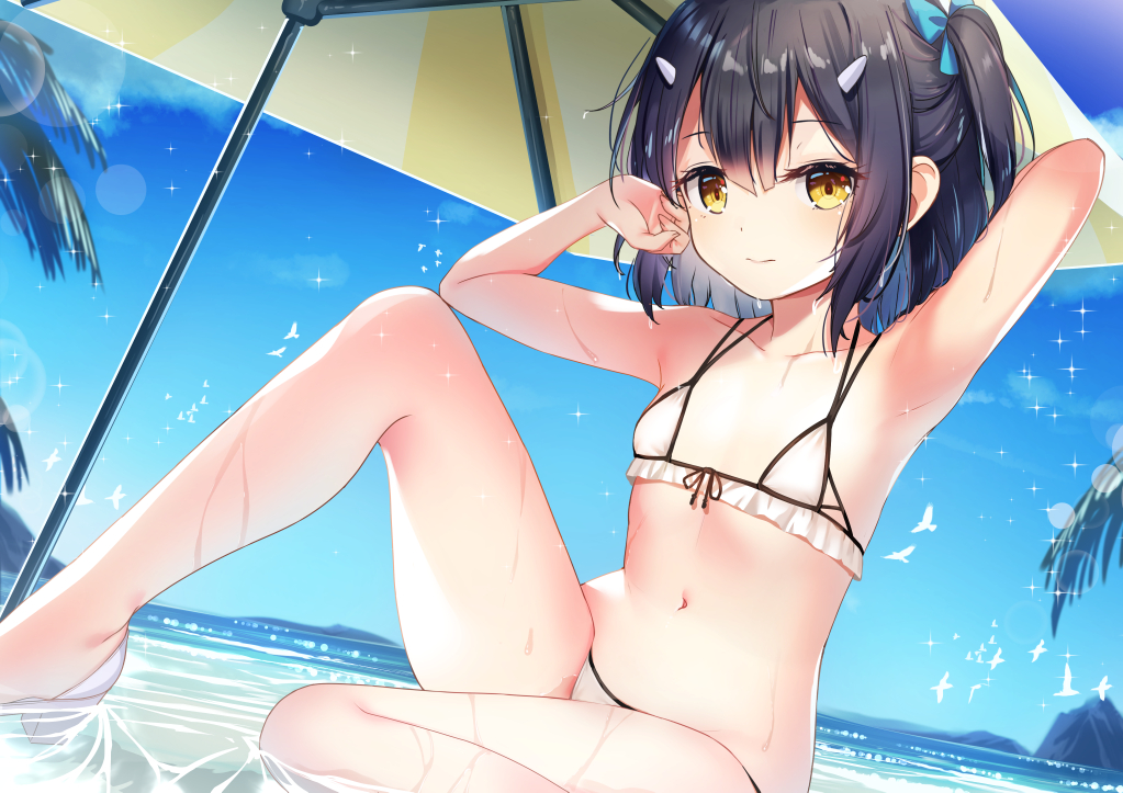 1girl armpits arms_up bare_arms bare_shoulders beach beach_umbrella bikini black_hair blue_sky closed_mouth collarbone commentary_request day fate/kaleid_liner_prisma_illya fate_(series) flat_chest frilled_bikini frills front-tie_bikini front-tie_top knee_up long_hair looking_at_viewer micro_bikini miyu_edelfelt multi-strapped_bikini navel one_side_up outdoors revision sitting sky solo stomach string_bikini swimsuit thighs umbrella water wet white_bikini yan_(nicknikg) yellow_eyes