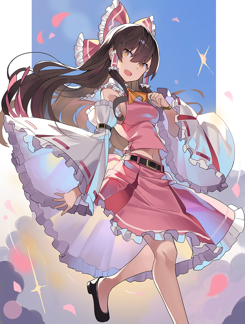 1girl :d ascot black_footwear black_hair bow breasts detached_sleeves hair_bow hair_tubes hakurei_reimu highres long_hair looking_at_viewer medium_breasts midriff navel open_mouth petals pink_bow pink_skirt rin_falcon shoes skirt smile solo touhou wide_sleeves yellow_eyes yellow_neckwear