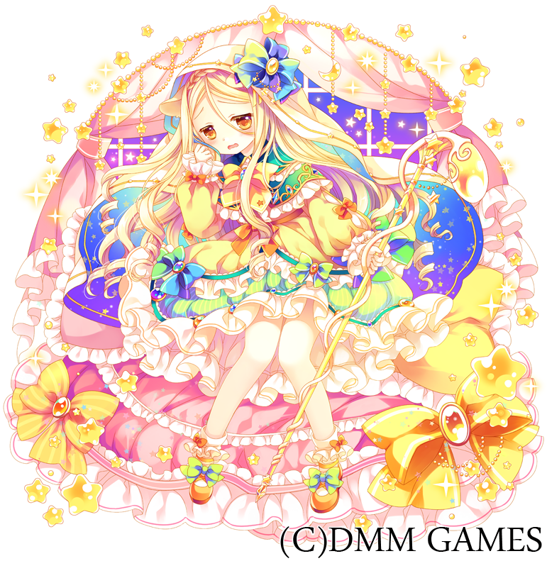 1girl blonde_hair bow brooch brown_footwear capelet character_request commentary_request dress frilled_capelet frills fruits_fulcute! green_bow green_capelet holding holding_staff jewelry long_hair long_sleeves official_art puffy_long_sleeves puffy_sleeves sakurazawa_izumi shoes sleeves_past_wrists socks solo staff star_(symbol) star_print veil very_long_hair watermark white_background white_legwear yellow_bow yellow_dress