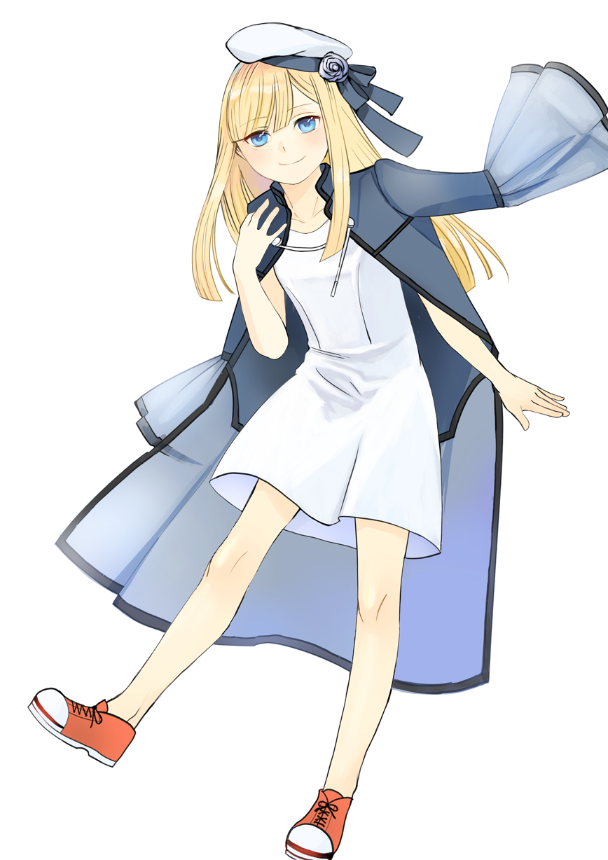 1girl bangs blonde_hair blue_eyes blue_jacket closed_mouth collarbone commentary_request dress fate_(series) flower foot_up full_body grey_flower hand_up hat hat_flower highres jacket jacket_on_shoulders long_hair long_sleeves lord_el-melloi_ii_case_files red_footwear reines_el-melloi_archisorte satou_usuzuku shoes simple_background smile sneakers solo tilted_headwear white_background white_headwear wide_sleeves