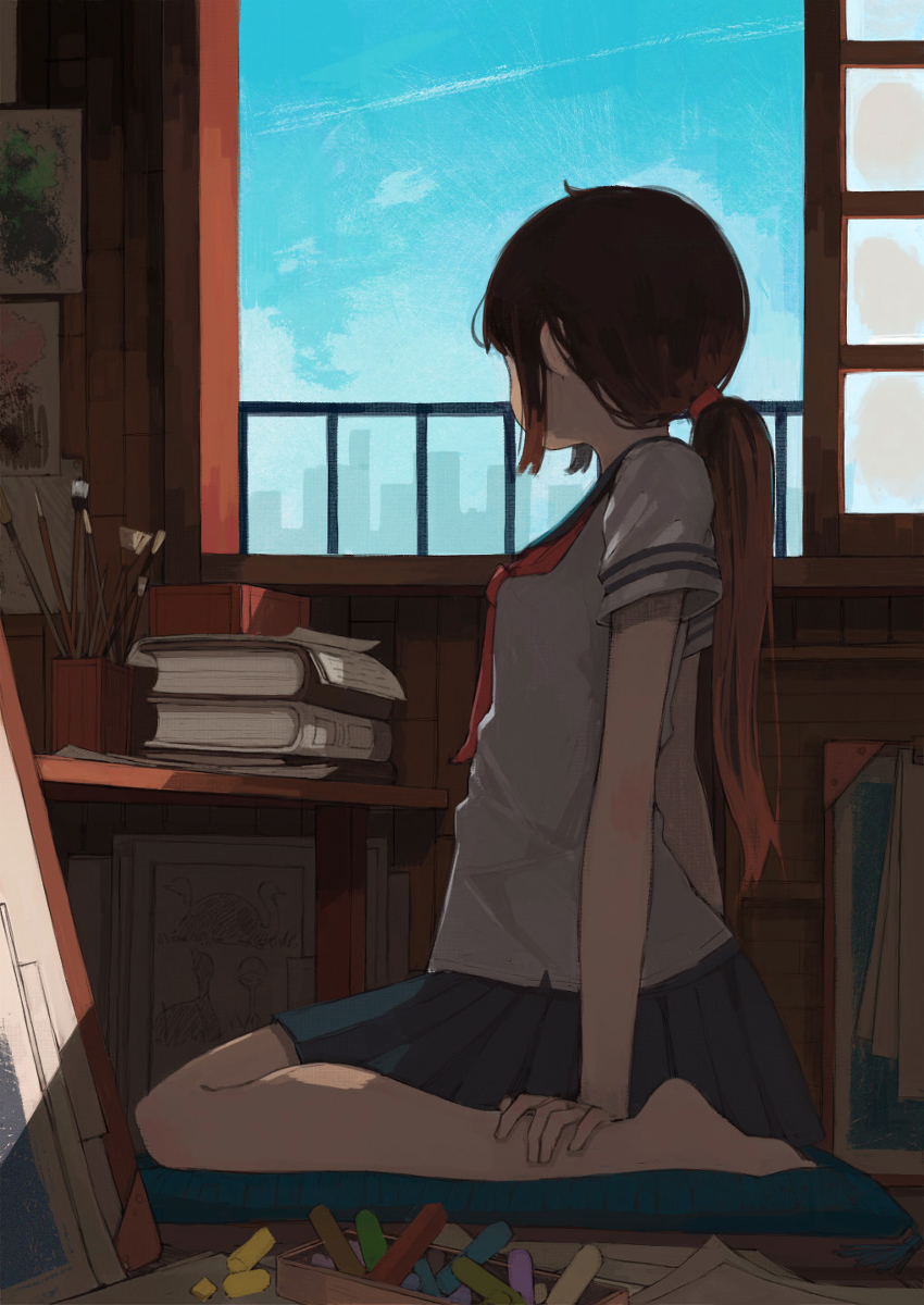 1girl ahuromasuta blue_skirt blue_sky book brown_hair brush building city drawing highres low_ponytail original picture_(object) red_ribbon ribbon school_uniform serafuku shirt skirt sky white_shirt window wooden_wall