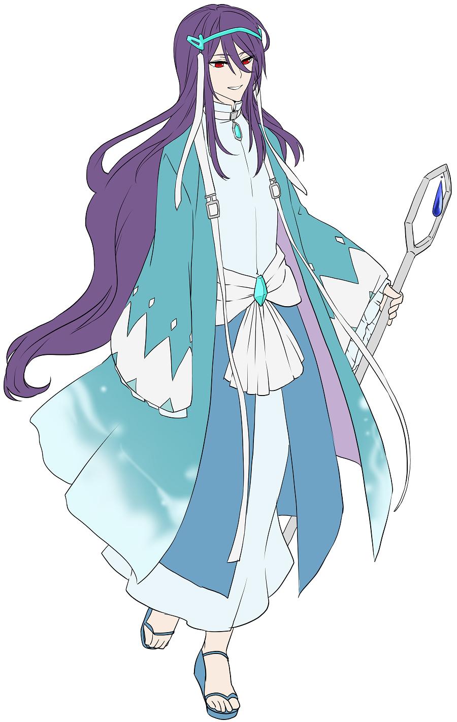 1boy asrbpy gem gen_2_pokemon hair_between_eyes highres legendary_pokemon long_hair long_sleeves personification pokemon purple_hair red_eyes sandals simple_background smile solo staff suicune toeless_footwear very_long_hair white_background wide_sleeves