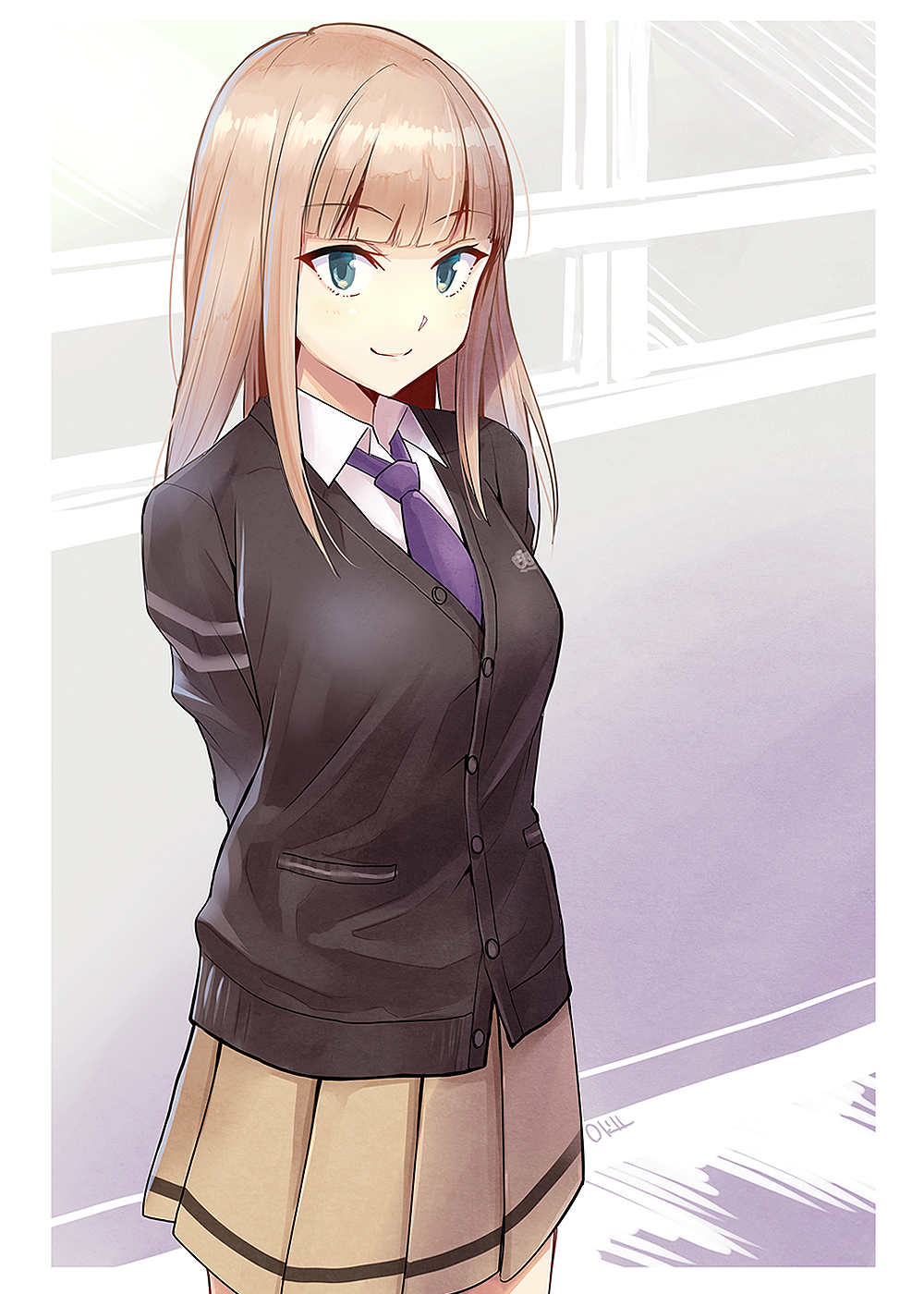 1girl arms_behind_back bangs black_cardigan breasts brown_skirt cardigan closed_mouth collared_shirt commentary_request eyebrows_visible_through_hair green_eyes highres katou_asuka light_brown_hair long_hair looking_at_viewer necktie okiru pleated_skirt purple_neckwear school_uniform shirt skirt small_breasts smile solo watashi_ga_motenai_no_wa_dou_kangaetemo_omaera_ga_warui! white_shirt