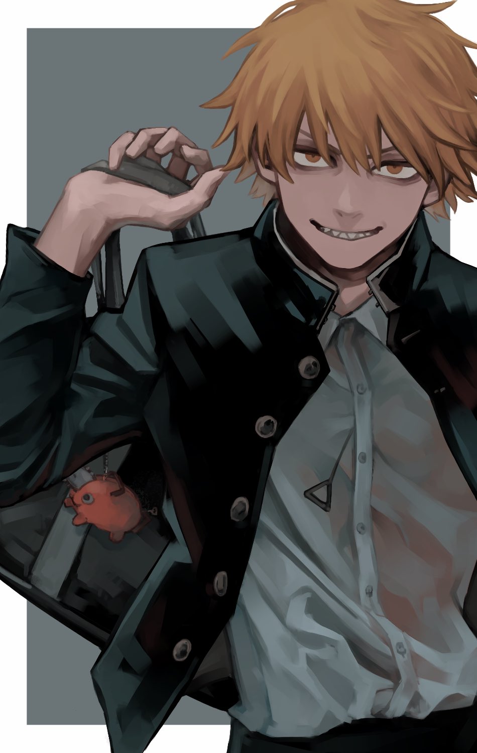 1boy bag bags_under_eyes black_jacket black_legwear black_pants blonde_hair border buttons chainsaw_man charm_(object) collared_shirt denji_(chainsaw_man) eyebrows fang fangs gakuran grey_background hair_between_eyes highres jacket looking_at_viewer male_focus nakano_(mitinni_tk) open_clothes open_jacket pants school_bag school_uniform sharp_teeth shirt shirt_tucked_in short_hair shoulder_bag smile teeth white_border white_shirt yellow_eyes