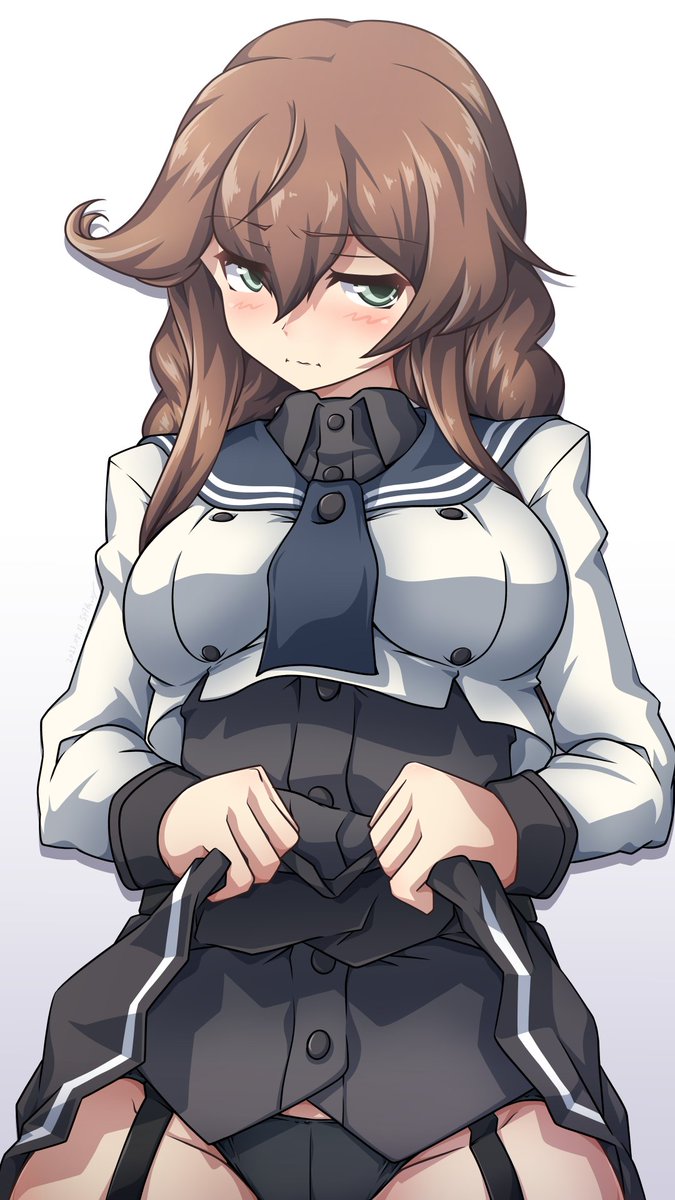 1girl black_sailor_collar black_shirt black_skirt braid breasts brown_hair dress_shirt embarrassed eyebrows_visible_through_hair green_eyes hair_between_eyes highres jacket kantai_collection lifted_by_self long_sleeves medium_breasts noshiro_(kancolle) pleated_skirt remodel_(kantai_collection) sailor_collar sailor_shirt school_uniform serafuku shirt skirt skirt_lift solo twin_braids white_jacket