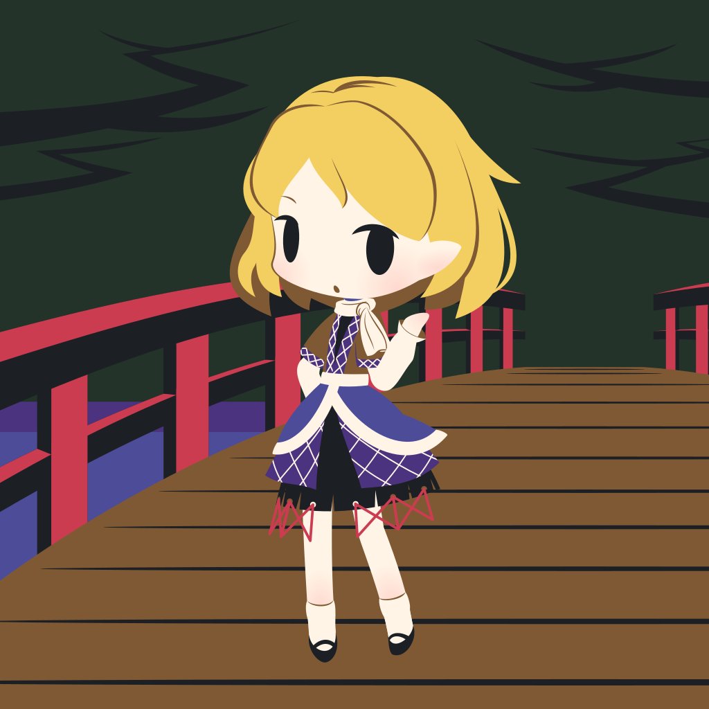 1girl arm_warmers bangs black_eyes black_footwear blonde_hair bridge chibi cobalta full_body looking_at_viewer mizuhashi_parsee multicolored multicolored_clothes open_mouth outdoors pointy_ears scarf short_hair short_sleeves solid_oval_eyes solo standing touhou water white_legwear white_scarf