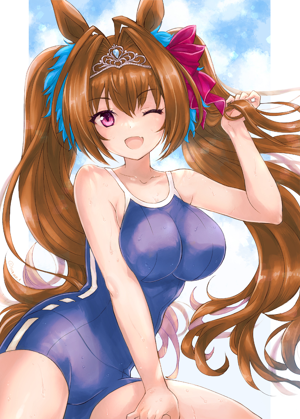 1girl :d animal_ears bare_shoulders blue_sky border bow breasts brown_hair clouds collarbone commentary_request daiwa_scarlet_(umamusume) fang hair_bow highres horse_ears horse_girl large_breasts long_hair one_eye_closed open_mouth purple_swimsuit red_bow school_swimsuit sky smile solo swimsuit swimwear tiara twintails umamusume very_long_hair violet_eyes white_border yano_takumi